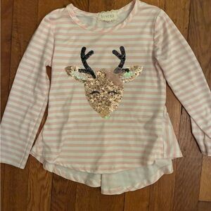 btween Pink and White Striped Long Sleeve Tee with Sequin Deer